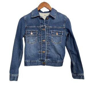 Muji Women's Dark Wash Chest Pocket Button Up Cropped Denim Jean Jacket Size XS